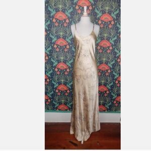 Beige Floral Satin Silk Plunge Back Maxi Slip Long Dress 8